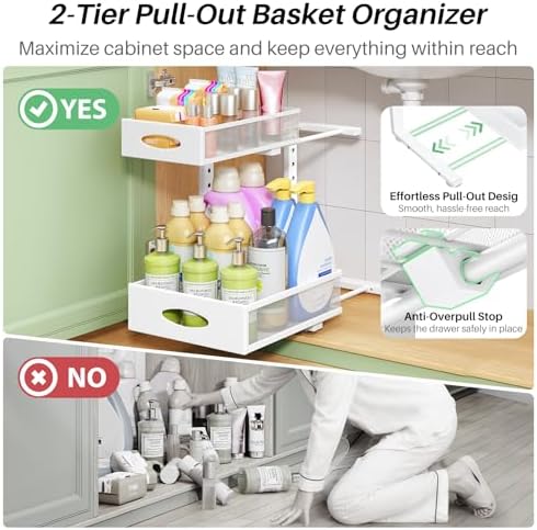 Under Sink Organizer, 2-Pack Pull Out Cabinet Organizer 2 Tier Metal Slide Out Storage Shelf Rack, L-Shaped Adjustable Height,Mesh Sliding Drawer for Kitchen, Bathroom, Laundry, Pantry, White, XL
