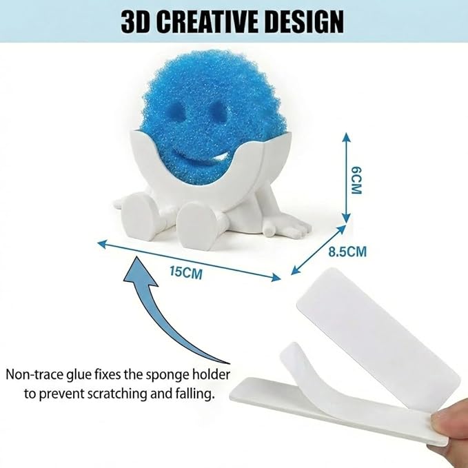 Creative Hanging Sponge Holder with Drainage/Traceless Glue, 3D Printing Countertop Funny Sponge Holders for Kitchen Sink, Keeps Your Sponge Dry & Smiling, for Scrub Daddy Holder (1, White)