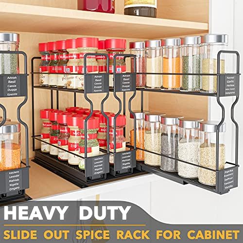 Pull Out Spice Rack Organizer for Cabinet, Heavy Duty Slide Out Seasoning Kitchen Organizer, Cabinet Organizer, with Labels, 7.7" W x10.75 D x10 H, 3 Drawers 2-Tier