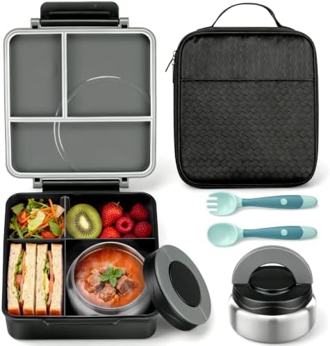 Bento Lunch Box for Kids with 8oz Soup Thermo&Lunch Bag, Leak-Proof Lunch Food Containers with 4 Compartment, Hot Food Insulated Food Jar for Kids School (Black)