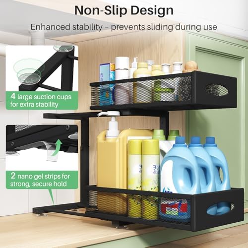 Under Sink Organizer, 2 Tier Pull out Cabinet Organizer Baskets with Mesh Sliding Drawers, Slide out Storage Shelf for Home, Kitchen, Bathroom, Pantry, Office Cabinet, Countertop(1 Pack)
