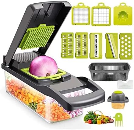 CUTT Vegetable Slicer, Pro Onion Slicer, Cutter, and Vegetable Chopper with Container and Vegetable Brush for Kitchen - (13pc) 12 in 1 Multifunctional Mandoline Slicer with 8 Interchangeable Blades by Unknown