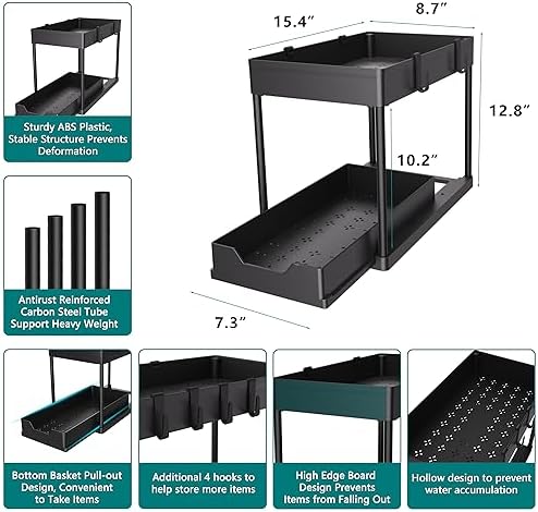 Under Sink Organizer, 2‑Tier Pull‑Out Cabinet Storage for Bathroom Kitchen
