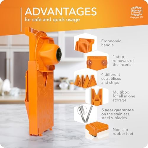 Mandoline Slicer V3 (Starter Set) • V-Slicer for 5 Cutting Styles with Fruit Holder • Adjustable Vegetable Slicer for Vegetables & Fruits • Stainless Steel V-Blade • Color: Orange