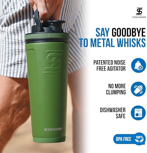 Insulated Stainless Steel Shaker Bottle | 26oz, Green | Cold for 30+ Hours | Insulated Cup with Twist-on Agitator | Odor-Free Bottle for Protein Shakes, Water, Smoothies, Cocktails