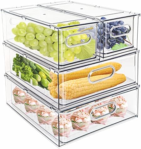 4 pack Stackable Refrigerator Organizer Bins Pull-Out Drawers for Fruit and Veggies Storage Organizer for Fridge Clear Drawer Containers with Handle Divided Organization for Produce Saver