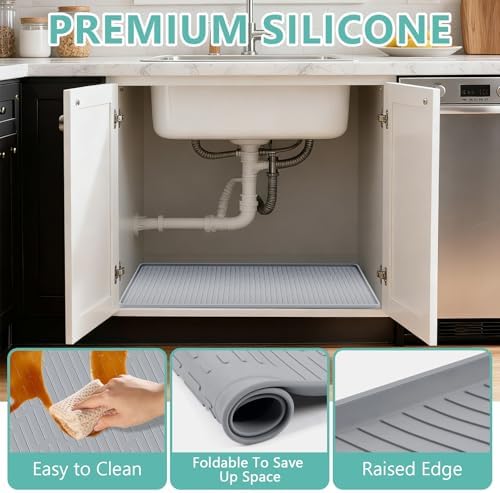 Under Sink Waterproof Mat 32" x 22", Silicone Sink Mat, Drak Gray