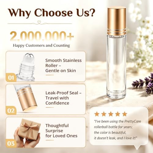 PrettyCare Set of 120, Bulk 10 ml Essential Oil Roller Bottles with Stainless Steel Roller Ball - Refillable Leak-proof Empty Thick Clear Glass Roll on Bottles with Golden Caps for Travel, Perfume - Image 4