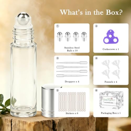 PrettyCare 24 Pack, 10 ml Essential Oil Roller Bottles with Stainless Steel Roller Ball - Refillable Leak-proof Empty Thick Clear Glass Roll on Bottles with Silver Caps for Travel, Perfume - Image 2