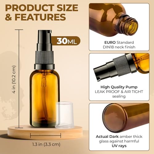 VitalUp Empty Refillable Glass Amber Pump Bottle Ideal for Lotion Cream Essential Oil Travel Small Container, TSA Approved, (6-Pack) 30ml &15ml - Image 2
