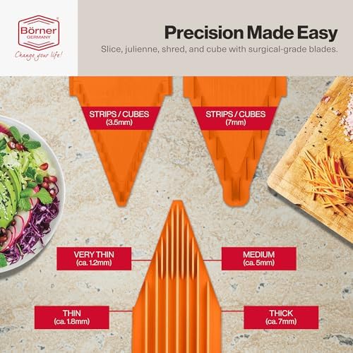Swissmar Borner V-Slicer Plus Mandoline 5-Piece Set – Professional Kitchen Utensil with Adjustable Inserts – Cuts Potatoes, Cucumbers, Chips & More – Vegetable Slicer with Safety Holder - Orange - Image 3