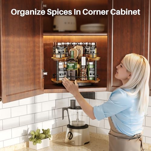 Lazy Susan Spice Rack Organizer for Cabinet, Wood, Vintage, 12 in