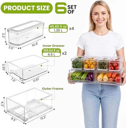 6Pack Fridge Organizers and Storage with Drain Trays,BPA-Free PET,Stackable