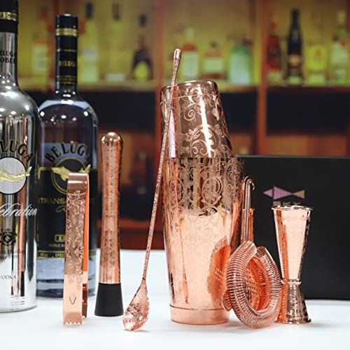 Bartender Kit Cocktail Shaker Set-6 Pieces Stainless Steel Copper Plated Etching Bar Tools with Boston Shaker Tins,Mixing Spoon,Mojito Muddler,Jigger,Hawthorne Strainer,Ice Tongs