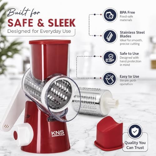 Rotary Cheese Grater Hand Crank, Cheese Shredder with Interchangeable Stainless Steel Blades, Vegetable Slicer with Strong Suction Base, Food Grater for Cheese, Potato, Carrot