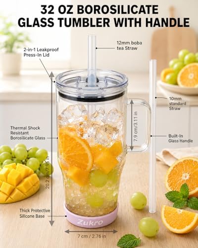 32 oz Borosilicate Glass Tumbler with Handle, Iced Coffee Cup, Reusable, Dishwasher Safe, BPA Free, Lilac