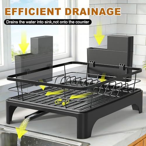 Large Dish Drying Rack with Automatic Dish Drying Rack for Kitchen Counter, Rustproof Stainless Steel Dish Drainer with Cutlery Holder, Over Sink Organizer (17" x 13.4", Black)