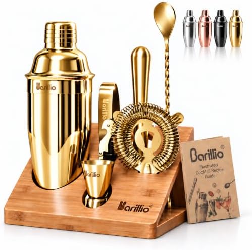 Gold Bartender Kit - Stainless-Steel Cocktail Shaker Set w/Bamboo Stand - Mixology Bar Tools w/Shaker, Drink Mixer Spoon & Muddler for Cocktails - Home Bar Accessories - 10-Pc Bar Set