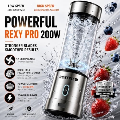 Portable Smoothie blender ROSEVIEW Glass bottle USB rechargeable mini Handheld Ice Shakes Cup 2 blend juicer Cordless Personal smoothies maker Fruit mixer (Steel) (Metallic-Steel) - Image 2