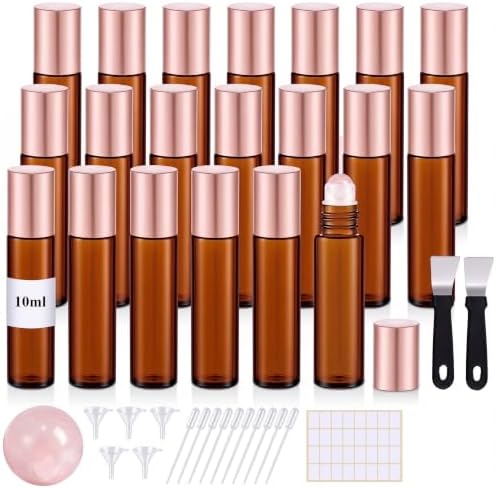 20 Pack Glass Roller Bottles for Essential Oils, 10ml, Pink, Rose Quartz by Domensi
