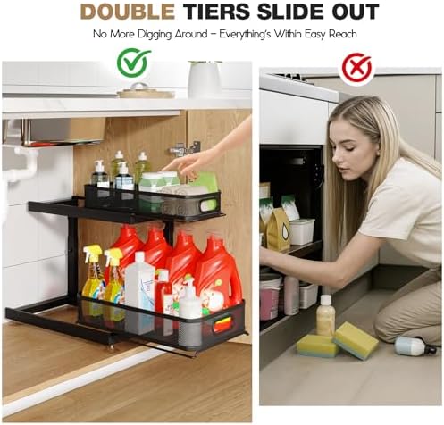 2-Pack Under Sink Storage Organizer with 2-Tier Slide Out Drawer, Sophisticated Mesh Pull Out Shelf for Kitchen & Bathroom, Fits Small Items, Upgraded Arched Track for Smooth Gliding(Patented)
