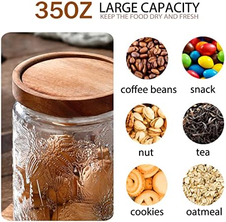 35oz/1000ml Glass Storage Jars with Nature Wood Lids, Airtight Food Storage Containers for Kitchen Organization, Large Capacity for Cookie, Pasta, Sugar, Flour, Cereal - Set of 2 （sunflower）