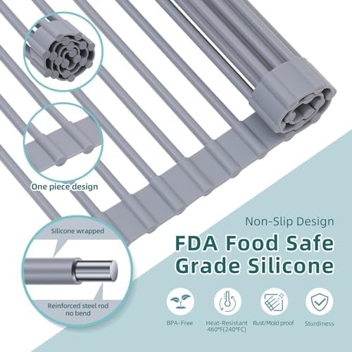 Over Sink Dish Drying Rack Silicone Wrapped 17.6" W x 15.4" L Large Over the Sink Roll Up Dish Drainer - Foldable Sink Drying Rack Rolling Drain Mats Anti-Slip Multipurpose for Kitchen Counter