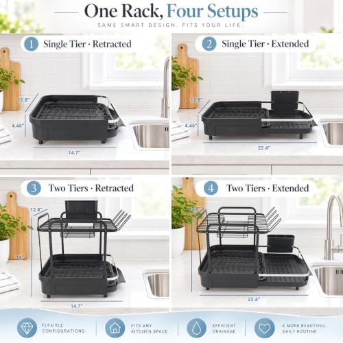 2 Tier Dish Drying Rack, Dish Drainer with Drainboard Set, Black