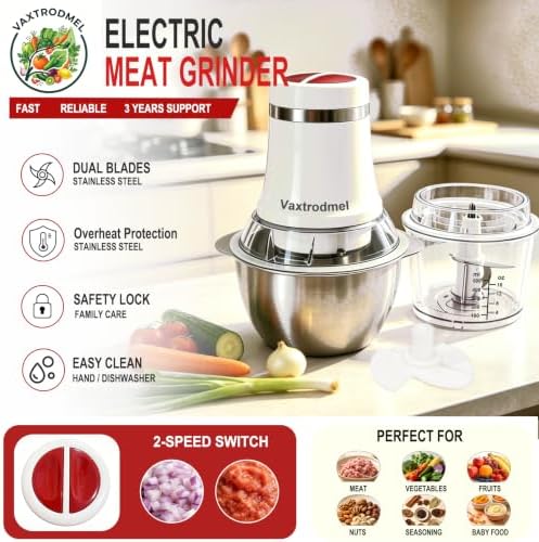 Food Processor with 2 Bowl (5 Cup + 4 Cup), 2 Speed Control, Small Food Chopper with 2 Set of Dual Blades SS, Dishwasher Safe, Milk Frother Disc, Meat Grinder + Vegetable Chopping, 3 Years Support