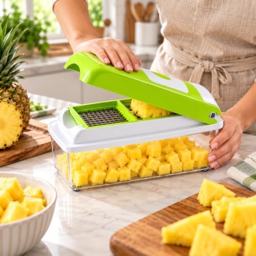Vegetable Chopper – Original As Seen On TV Food Dicer with 2 Stainless Steel Blades, Large 2-Cup Container, Cleaning Tool, Dishwasher Safe Onion & Vegetable and Fruit Cutter