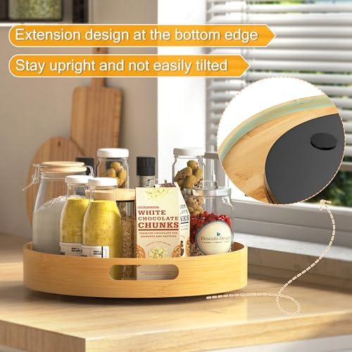 Lazy Susan Organizer 12 Inch Non-Skid Bamboo Lazy Susan for Kitchen Rotating Spice Rack with Handles, Wood Turntable for Kitchen Cabinet,Countertop (Bamboo, Medium)