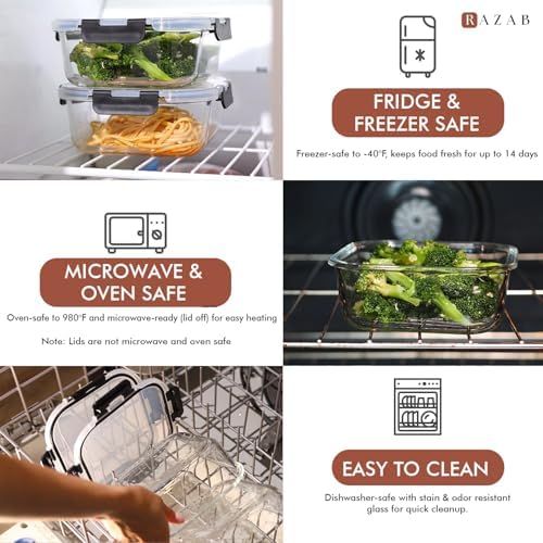 2 PC 1200ML / 41 Oz Glass Food Storage Containers with Lids - Airtight & Leakproof - Microwave/Oven/Freezer Safe - BPA Free - Ideal for Meal Prep, Storing Leftover & Lunch