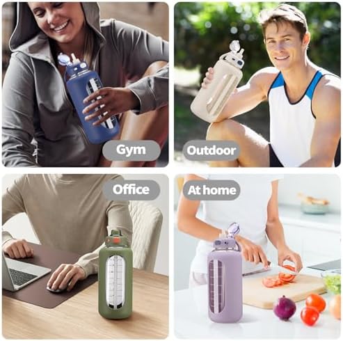 64 oz Borosilicate Glass Water Bottle with Straw, Motivational Sports Bottle, Durable Silicone Sleeve, Time Marker, for Gym, Sports, Workout, Daily