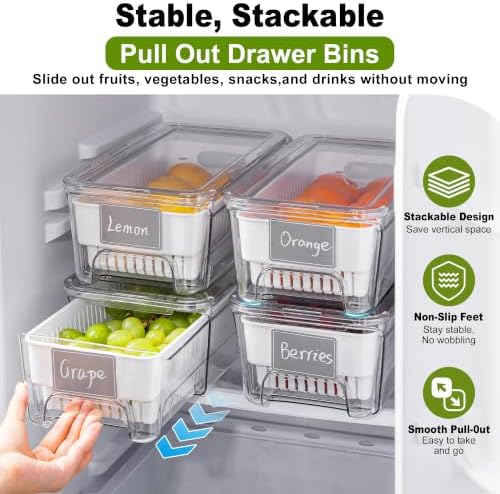 4-Pack Fruit Storage Containers for Fridge, Pull-Out Drawers with Colanders