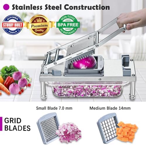 All-in-1 Vegetable Chopper with 8 Blades - Mandoline Slicer-Pro Food Chopper with Container - Veggie Salad Onion Chopper - Potato Dicer French Fry Cutter - Cheese Grater - Stainless Steel material