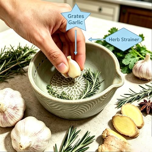 Ceramic Grater Bowl, 2-in-1 Garlic Grater & Herb Stripper (blue, 7Holes)
