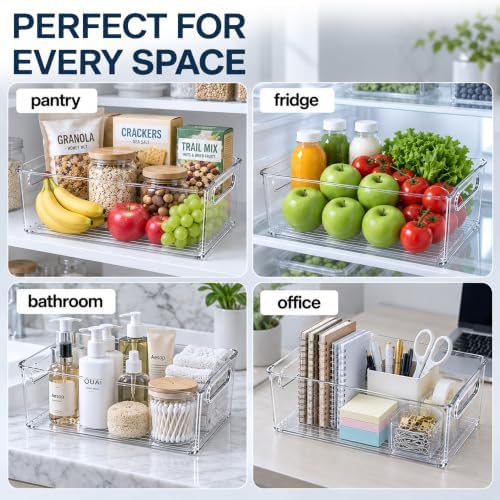 6 Pack Clear Plastic Storage Bins with Handles, Pantry Organizer Box
