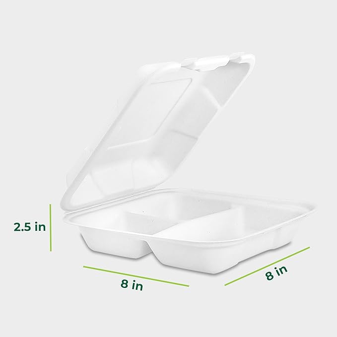 Freshware Clamshell Food Containers with Lids [8x8"] 3-Compartment 200-Pack, Disposable To Go Containers, Biodegradable Sugarcane To Go Boxes - Paper Containers - Microwave & Freezer Safe, Stackable