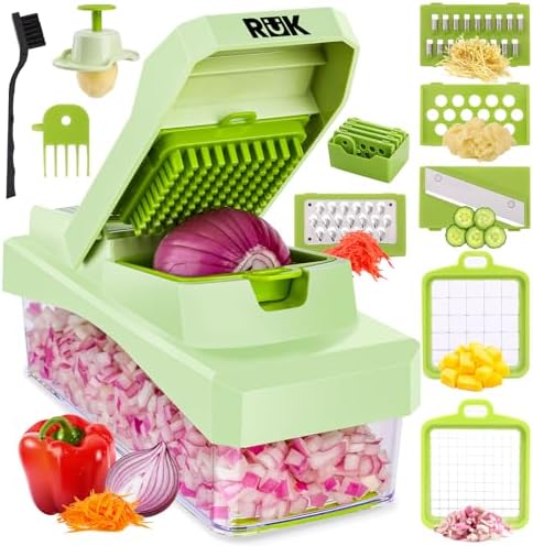 RüK 10-in-1 Vegetable Chopper – 6 Blade Veggie Chopper with Container, Food Dicer, Onion Cutter, Cheese Grater, Mandoline Slicer, Kitchen Gadgets & Home Essentials (Green) by R%C3%BCK