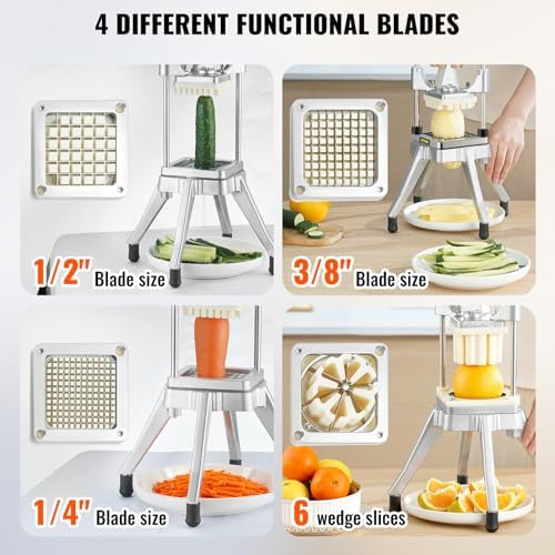 Commercial Vegetable Fruit Chopper, Stainless Steel French Fry Cutter w/ 4 Blades 1/4" 3/8" 1/2", Vegetable Chopper Dicer w/Stainless Bowl, Heavy Duty Cutter for Potato Tomato Onion Mushroom