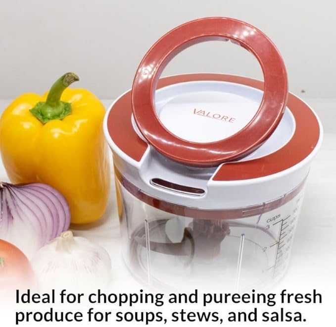 Valore Manual Food Processor Vegetable Chopper Medium 870 mL (3.6 cups) - Easy to Clean Garlic Onion Cutter, Portable All Purpose Quick Chop Kitchen Essential with Whisk Attachment