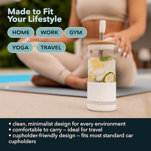 Glass Cups With Lids and Straws -20 Fl Oz- Perfect Size Iced Coffee Cup - Smoothie Cup With Bamboo Lid and On the go Lid - Glass Tumbler With Straw (1 Count (Pack of 1), Lilac Rhapsody)