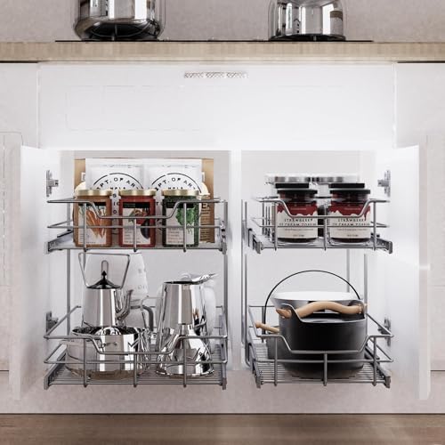 2 Tier Pull Out Cabinet Organizer 15" W X 22" D, Chromed, Full Slide Out