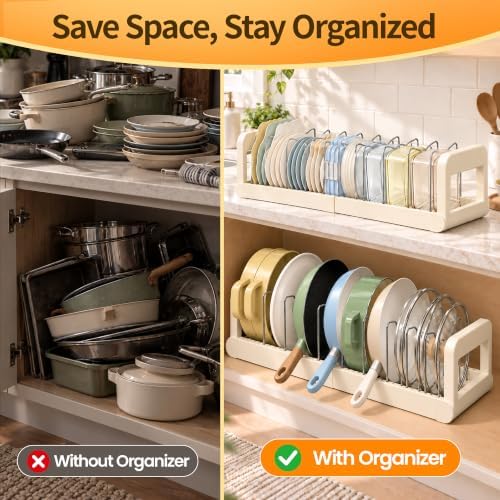 2 Pack Pots and Pans Organizer Under Cabinet, Expandable Pot Lid Organizer