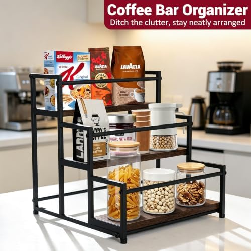 3‑Tier Coffee Syrup Organizer, Metal Countertop Bottle Holder, Holds 12 Standard 25.4oz Syrup Bottles, Rustic Coffee Bar Storage Display Shelf, Cabinet Wine Rack & Kitchen Spice Rack