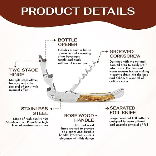 The Premium Professional Corkscrew Wine Opener with Elegant Wood Handle, Manual Wine Key with Foil Knife and Cap Bottle Opener for Bartenders, Waiters and Sommeliers