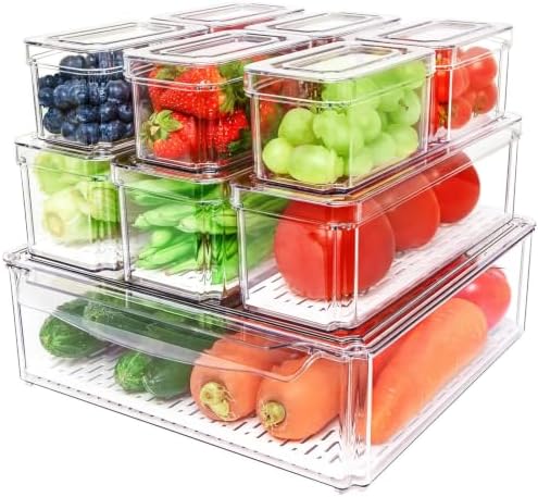 10 Pack Clear Fridge Organizers and Storage with Lids - Stackable