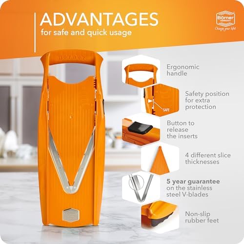 Börner Mandoline Slicer V5 (Basic Set) • Vegetable V-Slicer for Slices in 4 Thickness Settings • Stainless Steel V-Blade • Adjustable Kitchen Slicer for Vegetables & Fruits • Color: Orange - Image 4
