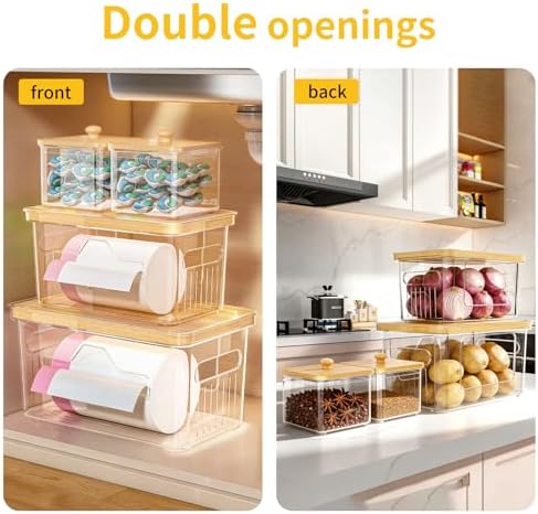 4 Pack Trash Bag Holder with Bamboo Lid, Stackable Garbage Bag Dispenser Under Sink, Storage Organizer for Kitchen, Laundry, Pantry (S+S+M+L)