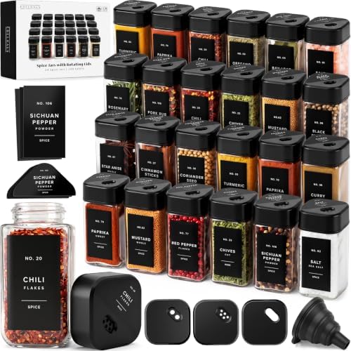 Glass Square Spice Jars with Label, 24x Black Sprinkle Lids